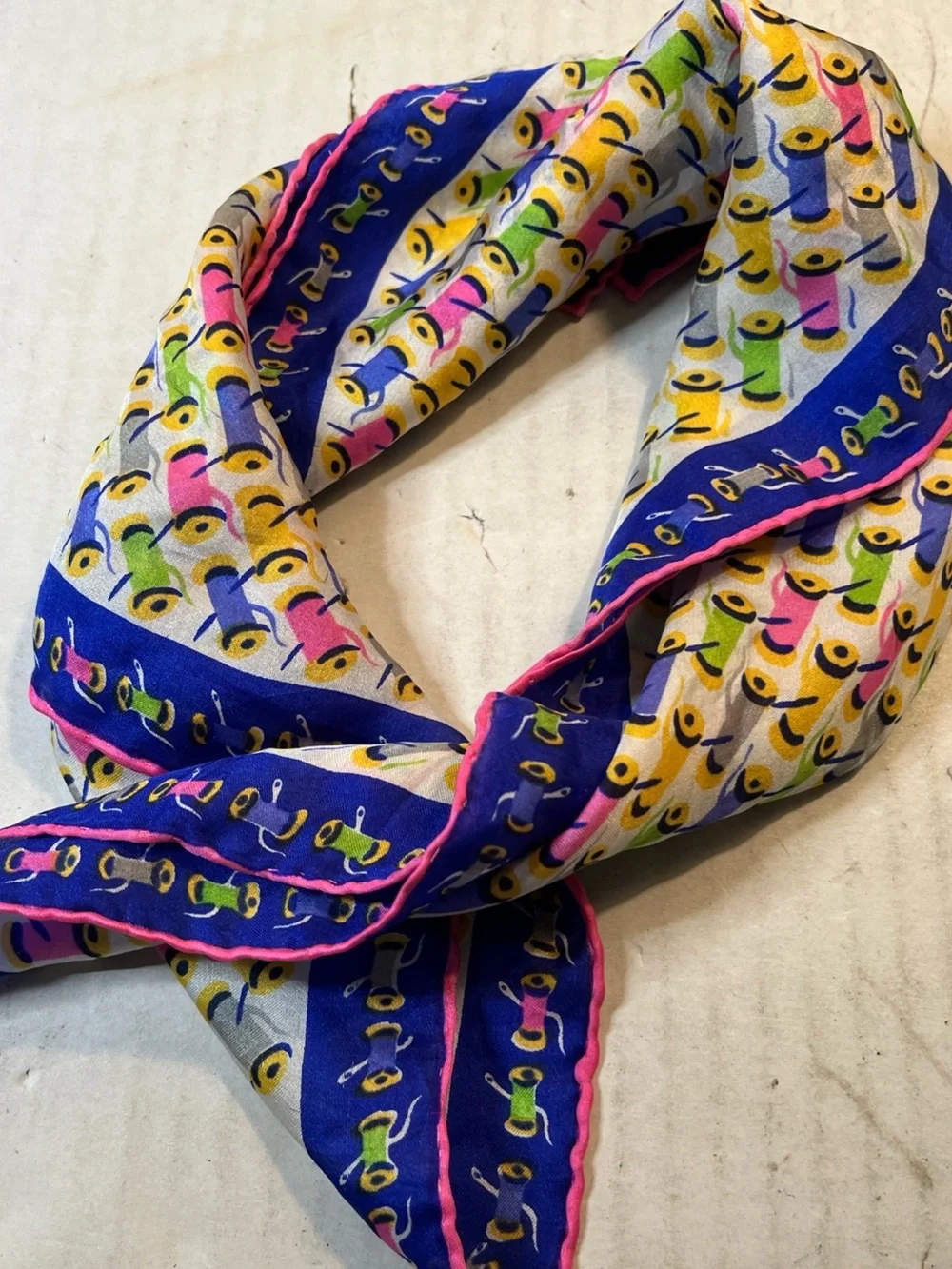 100% silk Scarf - Blue & Pink features sewing motif 17X17